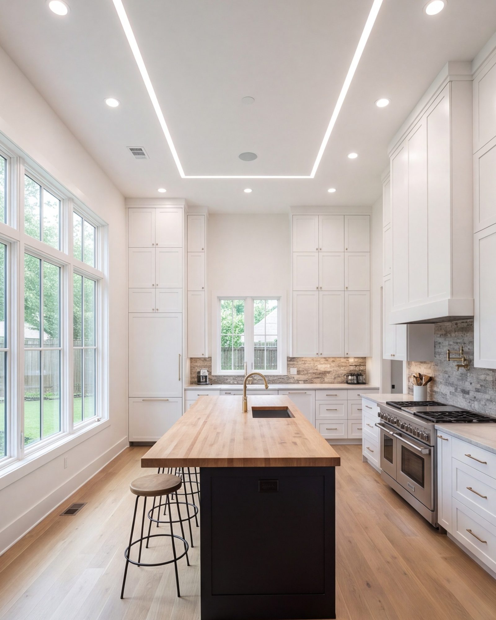 Wide view of a finished modern kitchen with a long island and cabinets to the ceiling, open to a dining area in Fort Worth